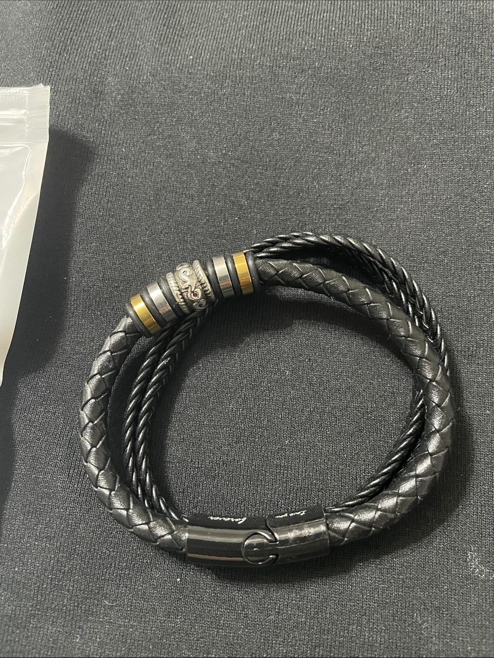 Black Braided Leather Double-Wrap Bracelet with Gold & Silver Accents